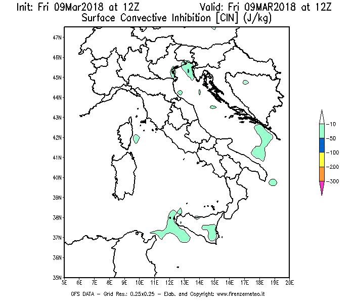 Mappa di analisi GFS - CIN [J/kg] in Italia
							del 09/03/2018 12 <!--googleoff: index-->UTC<!--googleon: index-->