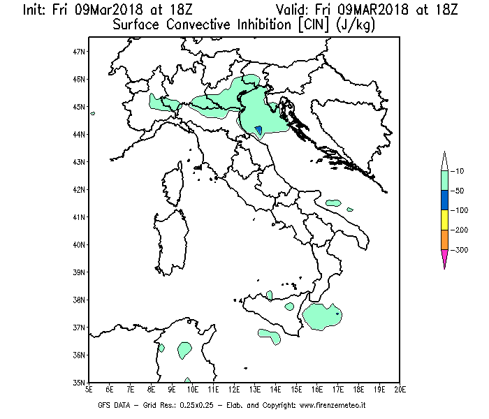 Mappa di analisi GFS - CIN [J/kg] in Italia
									del 09/03/2018 18 <!--googleoff: index-->UTC<!--googleon: index-->