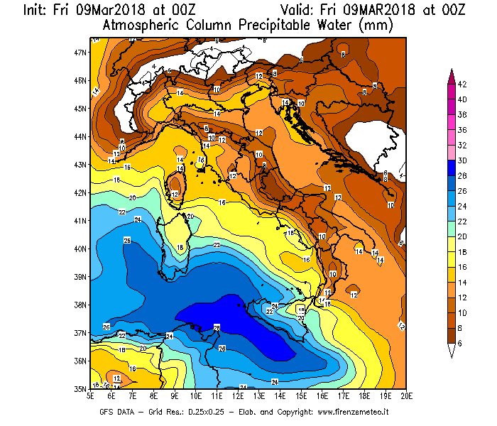 Mappa di analisi GFS - Precipitable Water [mm] in Italia
							del 09/03/2018 00 <!--googleoff: index-->UTC<!--googleon: index-->