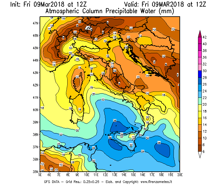 Mappa di analisi GFS - Precipitable Water [mm] in Italia
									del 09/03/2018 12 <!--googleoff: index-->UTC<!--googleon: index-->