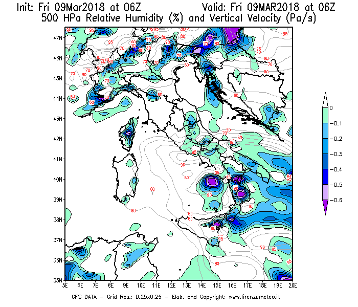 Mappa di analisi GFS - Umidità relativa [%] e Omega [Pa/s] a 500 hPa in Italia
									del 09/03/2018 06 <!--googleoff: index-->UTC<!--googleon: index-->