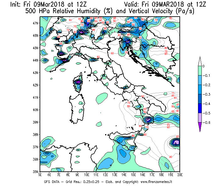 Mappa di analisi GFS - Umidità relativa [%] e Omega [Pa/s] a 500 hPa in Italia
									del 09/03/2018 12 <!--googleoff: index-->UTC<!--googleon: index-->
