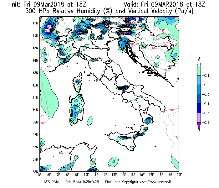 Mappa di analisi GFS - Umidità relativa [%] e Omega [Pa/s] a 500 hPa in Italia
									del 09/03/2018 18 <!--googleoff: index-->UTC<!--googleon: index-->