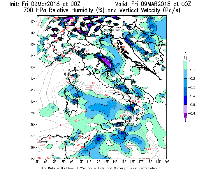Mappa di analisi GFS - Umidità relativa [%] e Omega [Pa/s] a 700 hPa in Italia
							del 09/03/2018 00 <!--googleoff: index-->UTC<!--googleon: index-->