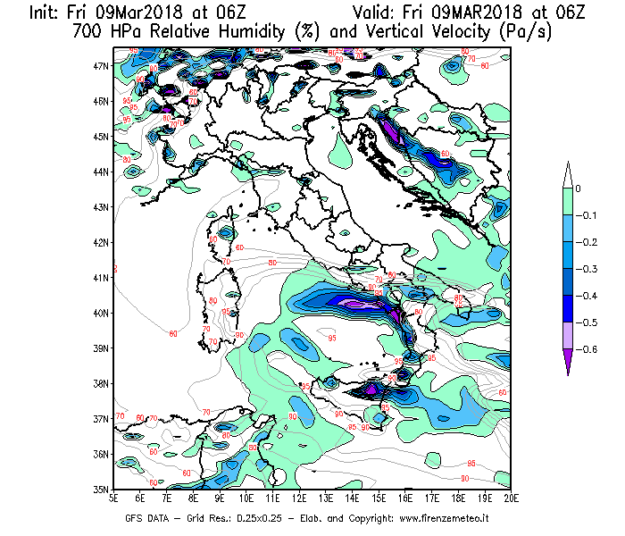 Mappa di analisi GFS - Umidità relativa [%] e Omega [Pa/s] a 700 hPa in Italia
									del 09/03/2018 06 <!--googleoff: index-->UTC<!--googleon: index-->