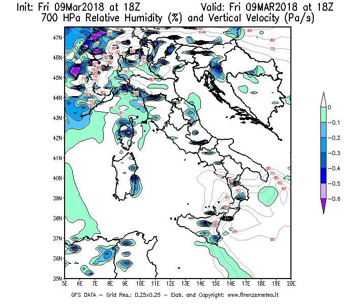 Mappa di analisi GFS - Umidità relativa [%] e Omega [Pa/s] a 700 hPa in Italia
							del 09/03/2018 18 <!--googleoff: index-->UTC<!--googleon: index-->