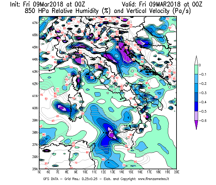 Mappa di analisi GFS - Umidità relativa [%] e Omega [Pa/s] a 850 hPa in Italia
									del 09/03/2018 00 <!--googleoff: index-->UTC<!--googleon: index-->