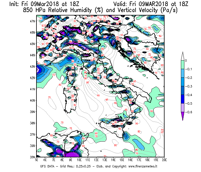 Mappa di analisi GFS - Umidità relativa [%] e Omega [Pa/s] a 850 hPa in Italia
							del 09/03/2018 18 <!--googleoff: index-->UTC<!--googleon: index-->