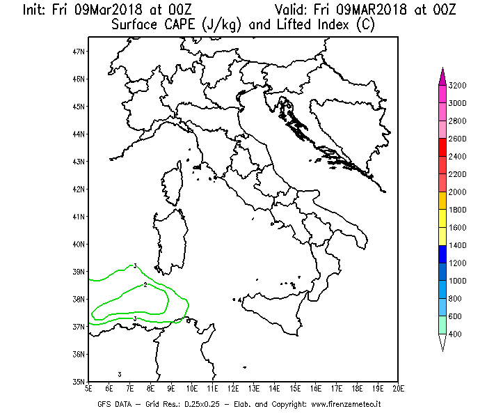 Mappa di analisi GFS - CAPE [J/kg] e Lifted Index [°C] in Italia
									del 09/03/2018 00 <!--googleoff: index-->UTC<!--googleon: index-->