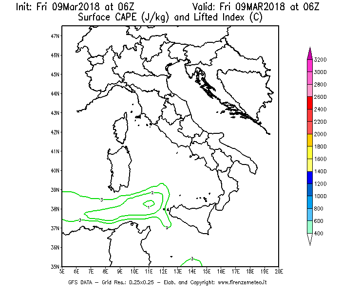 Mappa di analisi GFS - CAPE [J/kg] e Lifted Index [°C] in Italia
									del 09/03/2018 06 <!--googleoff: index-->UTC<!--googleon: index-->