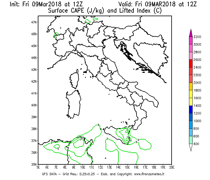 Mappa di analisi GFS - CAPE [J/kg] e Lifted Index [°C] in Italia
							del 09/03/2018 12 <!--googleoff: index-->UTC<!--googleon: index-->