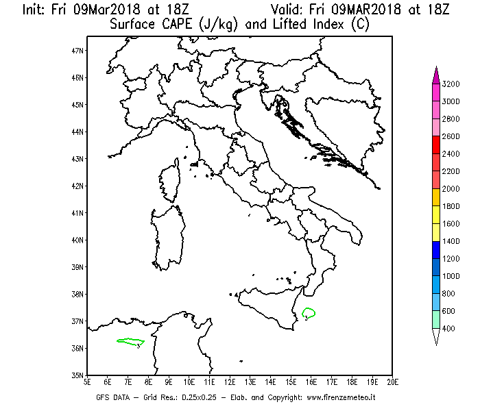 Mappa di analisi GFS - CAPE [J/kg] e Lifted Index [°C] in Italia
							del 09/03/2018 18 <!--googleoff: index-->UTC<!--googleon: index-->