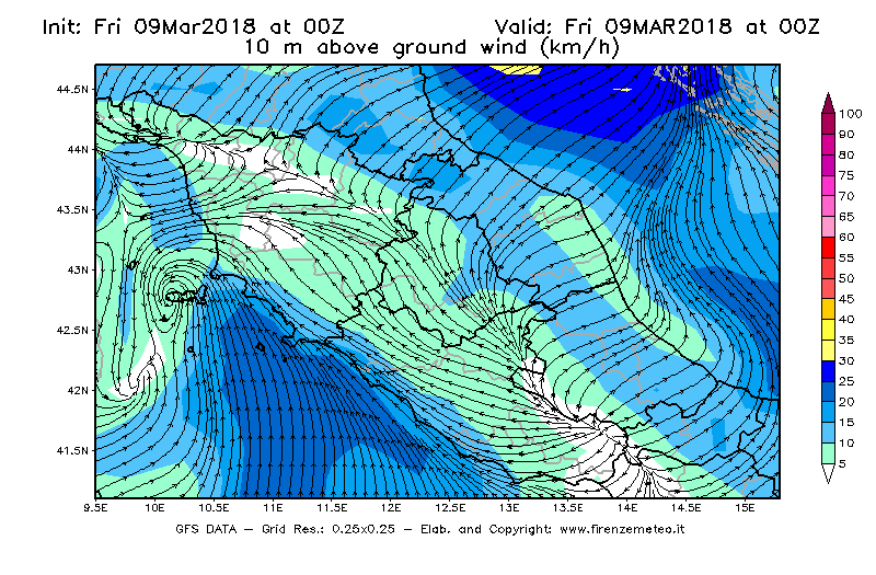 Mappa di analisi GFS - Velocità del vento a 10 metri dal suolo [km/h] in Centro-Italia
							del 09/03/2018 00 <!--googleoff: index-->UTC<!--googleon: index-->