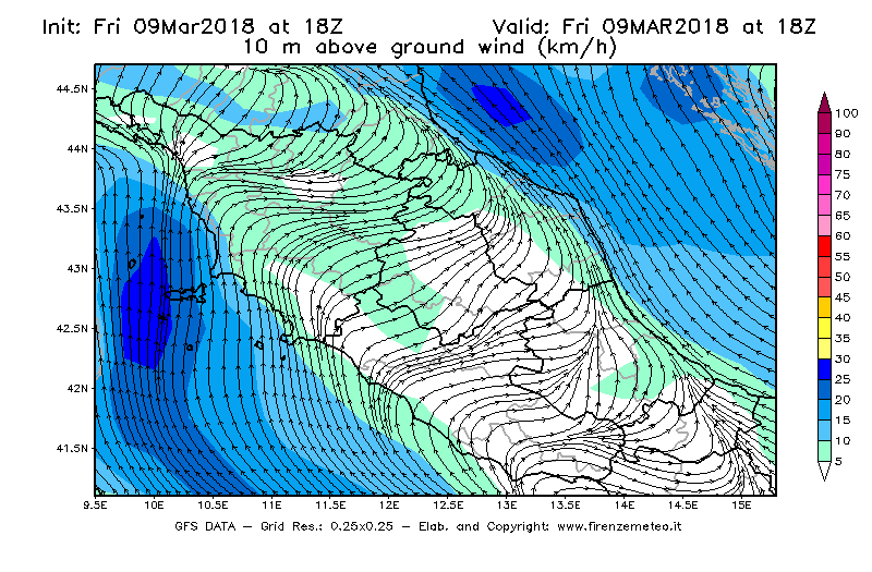 Mappa di analisi GFS - Velocità del vento a 10 metri dal suolo [km/h] in Centro-Italia
							del 09/03/2018 18 <!--googleoff: index-->UTC<!--googleon: index-->