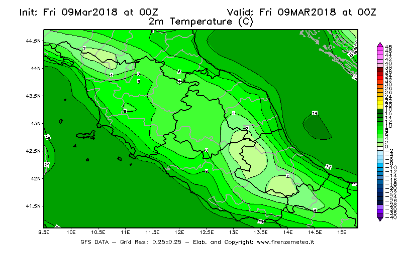 Mappa di analisi GFS - Temperatura a 2 metri dal suolo [°C] in Centro-Italia
							del 09/03/2018 00 <!--googleoff: index-->UTC<!--googleon: index-->