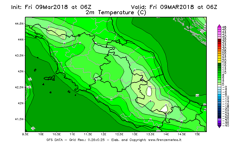 Mappa di analisi GFS - Temperatura a 2 metri dal suolo [°C] in Centro-Italia
							del 09/03/2018 06 <!--googleoff: index-->UTC<!--googleon: index-->