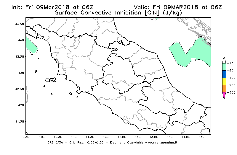 Mappa di analisi GFS - CIN [J/kg] in Centro-Italia
									del 09/03/2018 06 <!--googleoff: index-->UTC<!--googleon: index-->