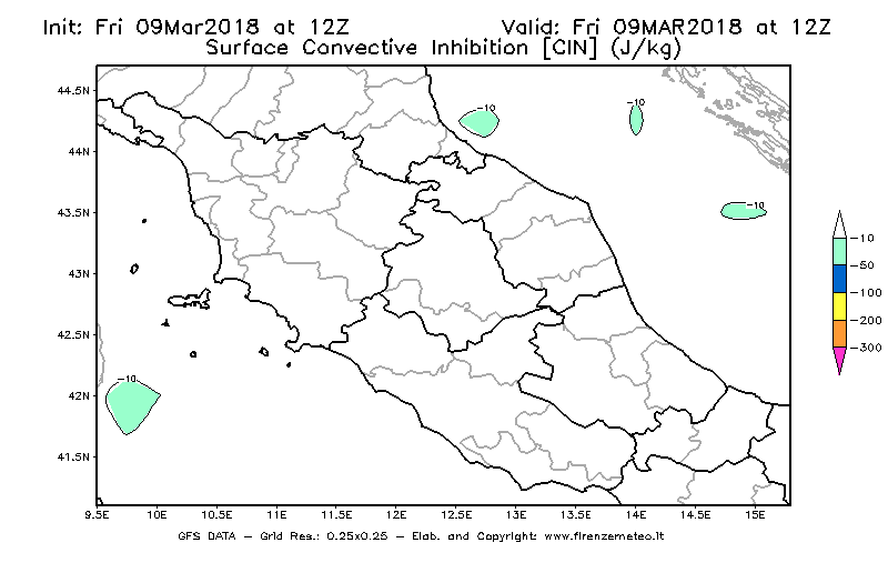 Mappa di analisi GFS - CIN [J/kg] in Centro-Italia
									del 09/03/2018 12 <!--googleoff: index-->UTC<!--googleon: index-->