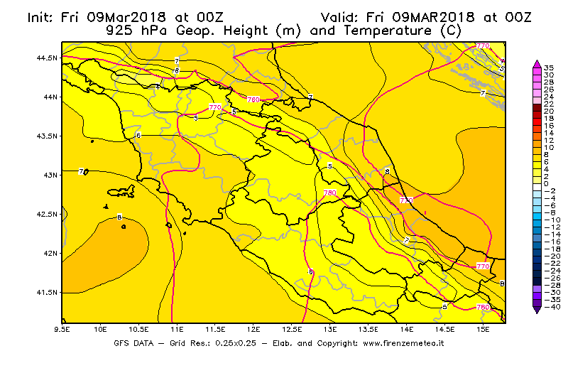 Mappa di analisi GFS - Geopotenziale [m] e Temperatura [°C] a 925 hPa in Centro-Italia
									del 09/03/2018 00 <!--googleoff: index-->UTC<!--googleon: index-->