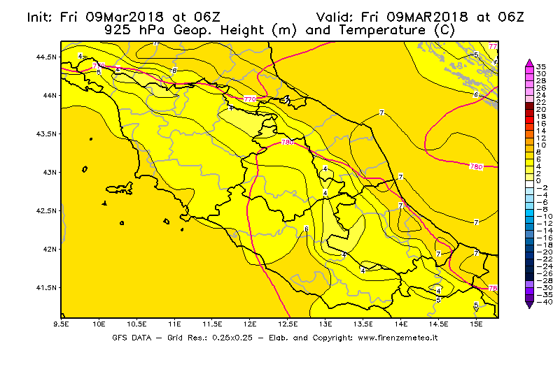 Mappa di analisi GFS - Geopotenziale [m] e Temperatura [°C] a 925 hPa in Centro-Italia
									del 09/03/2018 06 <!--googleoff: index-->UTC<!--googleon: index-->
