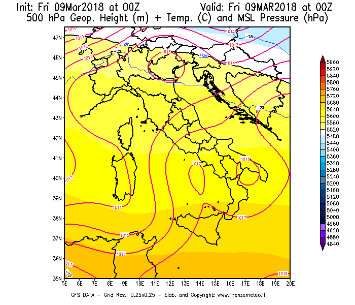 Mappa di analisi GFS - Geopotenziale [m] + Temp. [°C] a 500 hPa + Press. a livello del mare [hPa] in Italia
									del 09/03/2018 00 <!--googleoff: index-->UTC<!--googleon: index-->