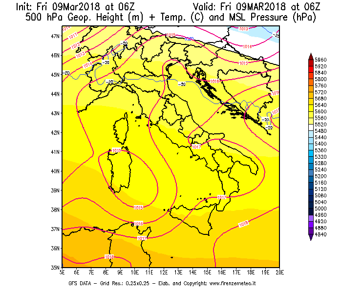 Mappa di analisi GFS - Geopotenziale [m] + Temp. [°C] a 500 hPa + Press. a livello del mare [hPa] in Italia
							del 09/03/2018 06 <!--googleoff: index-->UTC<!--googleon: index-->