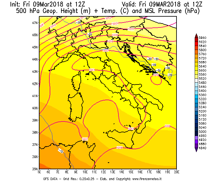 Mappa di analisi GFS - Geopotenziale [m] + Temp. [°C] a 500 hPa + Press. a livello del mare [hPa] in Italia
							del 09/03/2018 12 <!--googleoff: index-->UTC<!--googleon: index-->