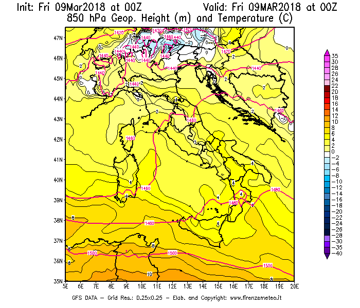 Mappa di analisi GFS - Geopotenziale [m] e Temperatura [°C] a 850 hPa in Italia
							del 09/03/2018 00 <!--googleoff: index-->UTC<!--googleon: index-->