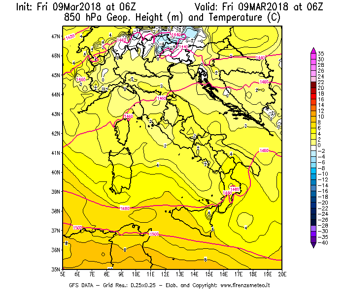Mappa di analisi GFS - Geopotenziale [m] e Temperatura [°C] a 850 hPa in Italia
							del 09/03/2018 06 <!--googleoff: index-->UTC<!--googleon: index-->