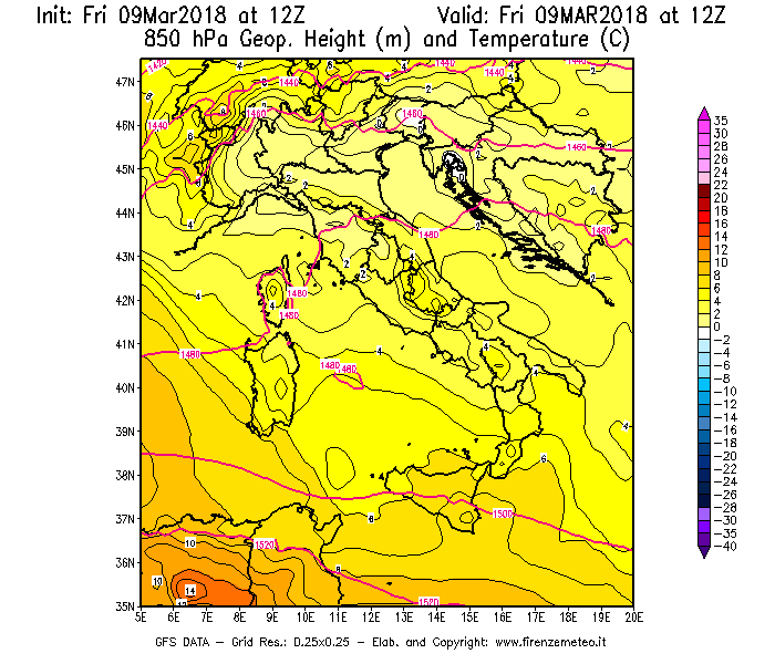 Mappa di analisi GFS - Geopotenziale [m] e Temperatura [°C] a 850 hPa in Italia
									del 09/03/2018 12 <!--googleoff: index-->UTC<!--googleon: index-->