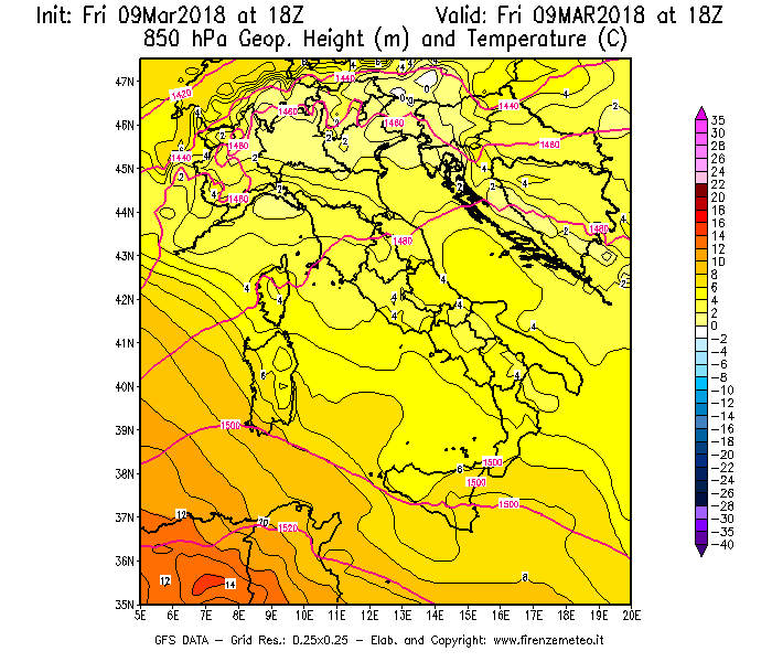 Mappa di analisi GFS - Geopotenziale [m] e Temperatura [°C] a 850 hPa in Italia
							del 09/03/2018 18 <!--googleoff: index-->UTC<!--googleon: index-->
