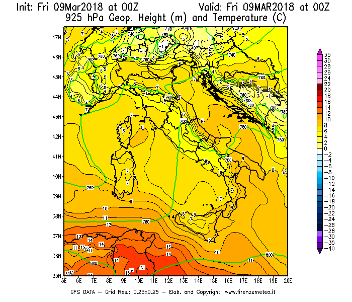 Mappa di analisi GFS - Geopotenziale [m] e Temperatura [°C] a 925 hPa in Italia
							del 09/03/2018 00 <!--googleoff: index-->UTC<!--googleon: index-->