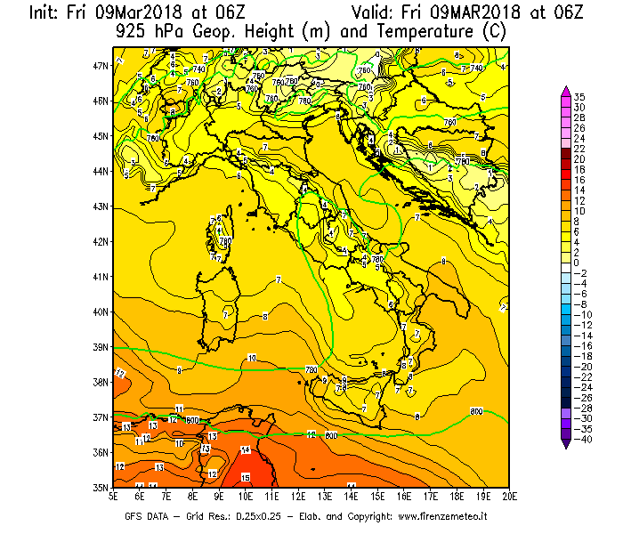 Mappa di analisi GFS - Geopotenziale [m] e Temperatura [°C] a 925 hPa in Italia
									del 09/03/2018 06 <!--googleoff: index-->UTC<!--googleon: index-->