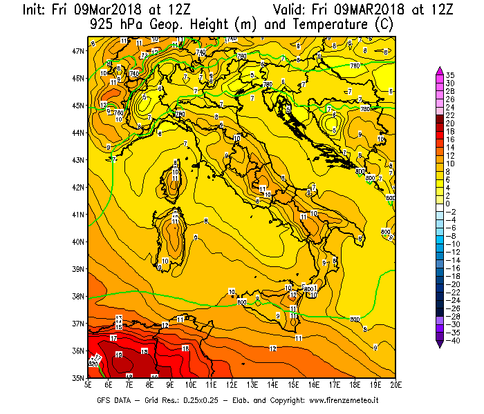 Mappa di analisi GFS - Geopotenziale [m] e Temperatura [°C] a 925 hPa in Italia
									del 09/03/2018 12 <!--googleoff: index-->UTC<!--googleon: index-->