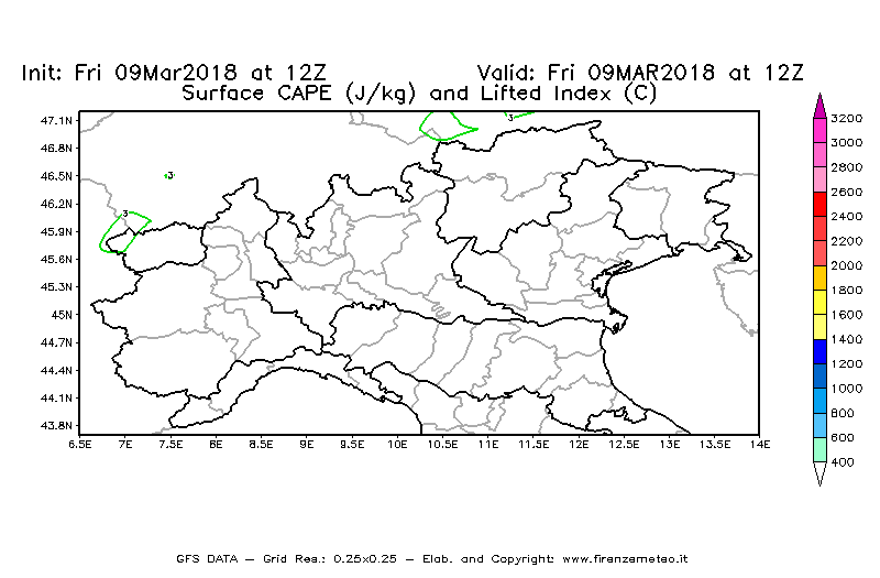 Mappa di analisi GFS - CAPE [J/kg] e Lifted Index [°C] in Nord-Italia
									del 09/03/2018 12 <!--googleoff: index-->UTC<!--googleon: index-->