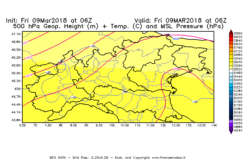 Mappa di analisi GFS - Geopotenziale [m] + Temp. [°C] a 500 hPa + Press. a livello del mare [hPa] in Nord-Italia
									del 09/03/2018 06 <!--googleoff: index-->UTC<!--googleon: index-->
