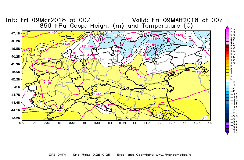 Mappa di analisi GFS - Geopotenziale [m] e Temperatura [°C] a 850 hPa in Nord-Italia
									del 09/03/2018 00 <!--googleoff: index-->UTC<!--googleon: index-->