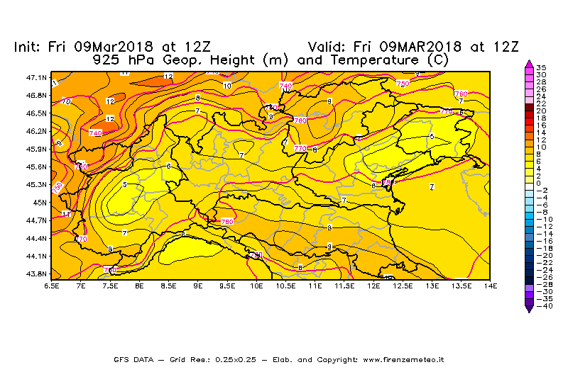 Mappa di analisi GFS - Geopotenziale [m] e Temperatura [°C] a 925 hPa in Nord-Italia
									del 09/03/2018 12 <!--googleoff: index-->UTC<!--googleon: index-->
