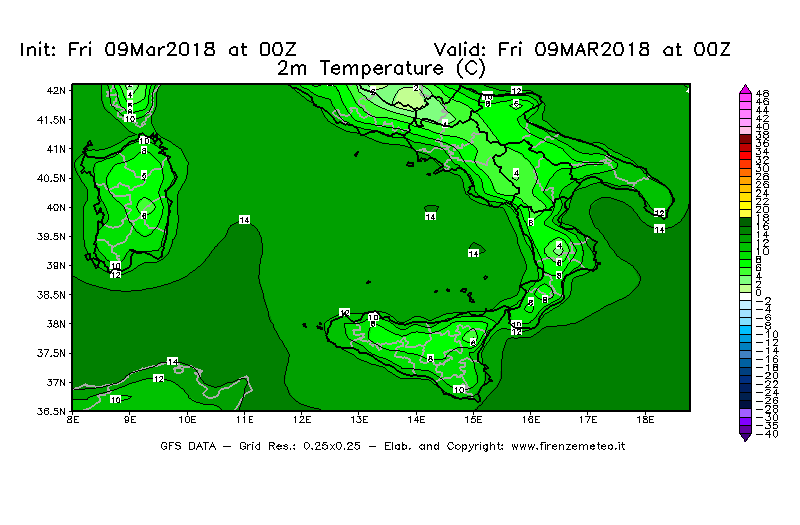 Mappa di analisi GFS - Temperatura a 2 metri dal suolo [°C] in Sud-Italia
							del 09/03/2018 00 <!--googleoff: index-->UTC<!--googleon: index-->