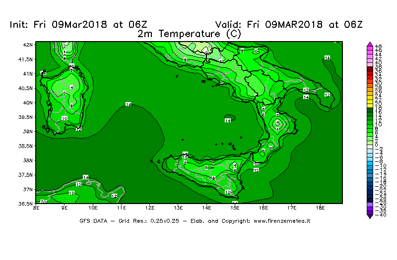 Mappa di analisi GFS - Temperatura a 2 metri dal suolo [°C] in Sud-Italia
									del 09/03/2018 06 <!--googleoff: index-->UTC<!--googleon: index-->