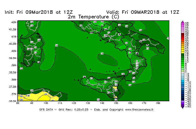 Mappa di analisi GFS - Temperatura a 2 metri dal suolo [°C] in Sud-Italia
									del 09/03/2018 12 <!--googleoff: index-->UTC<!--googleon: index-->