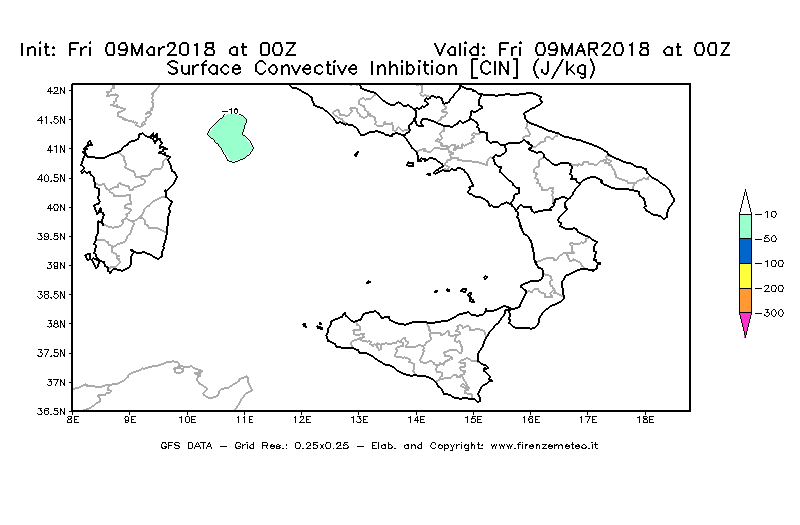Mappa di analisi GFS - CIN [J/kg] in Sud-Italia
									del 09/03/2018 00 <!--googleoff: index-->UTC<!--googleon: index-->