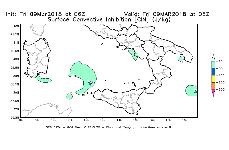 Mappa di analisi GFS - CIN [J/kg] in Sud-Italia
							del 09/03/2018 06 <!--googleoff: index-->UTC<!--googleon: index-->