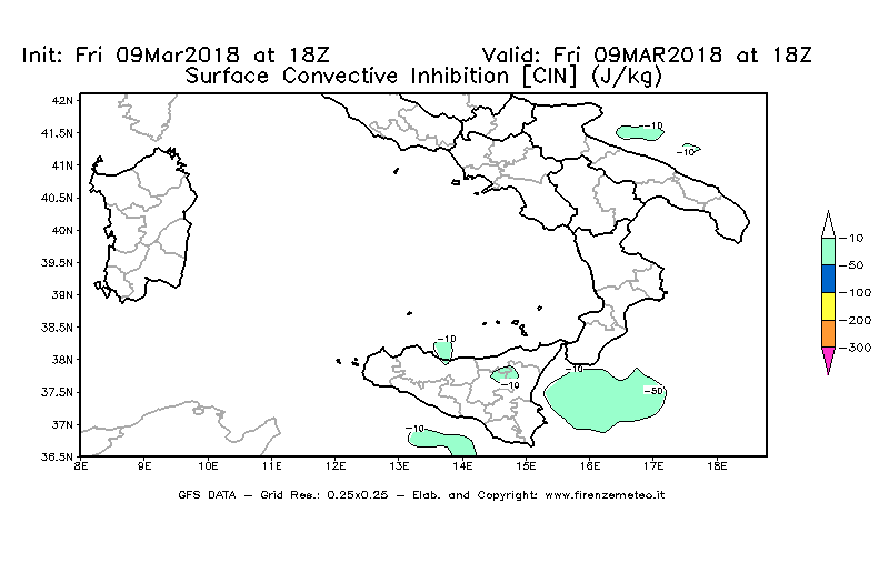 Mappa di analisi GFS - CIN [J/kg] in Sud-Italia
							del 09/03/2018 18 <!--googleoff: index-->UTC<!--googleon: index-->