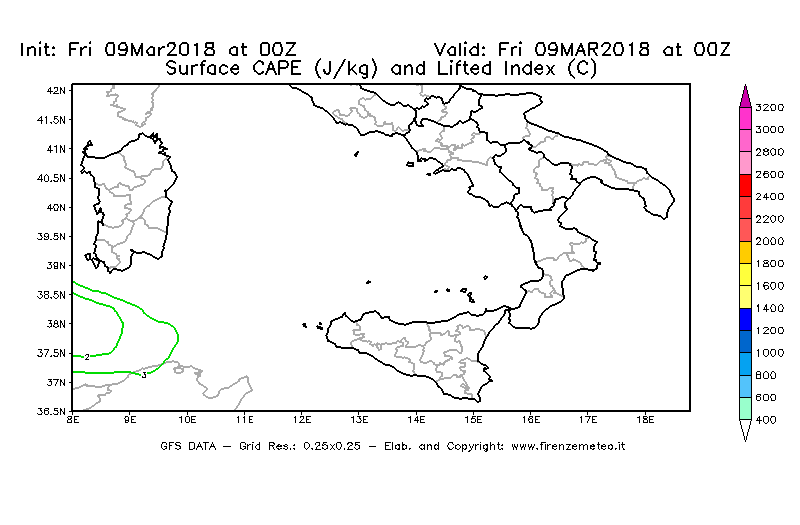 Mappa di analisi GFS - CAPE [J/kg] e Lifted Index [°C] in Sud-Italia
							del 09/03/2018 00 <!--googleoff: index-->UTC<!--googleon: index-->