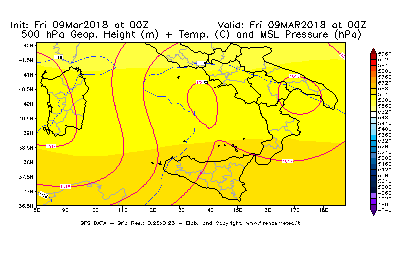 Mappa di analisi GFS - Geopotenziale [m] + Temp. [°C] a 500 hPa + Press. a livello del mare [hPa] in Sud-Italia
									del 09/03/2018 00 <!--googleoff: index-->UTC<!--googleon: index-->