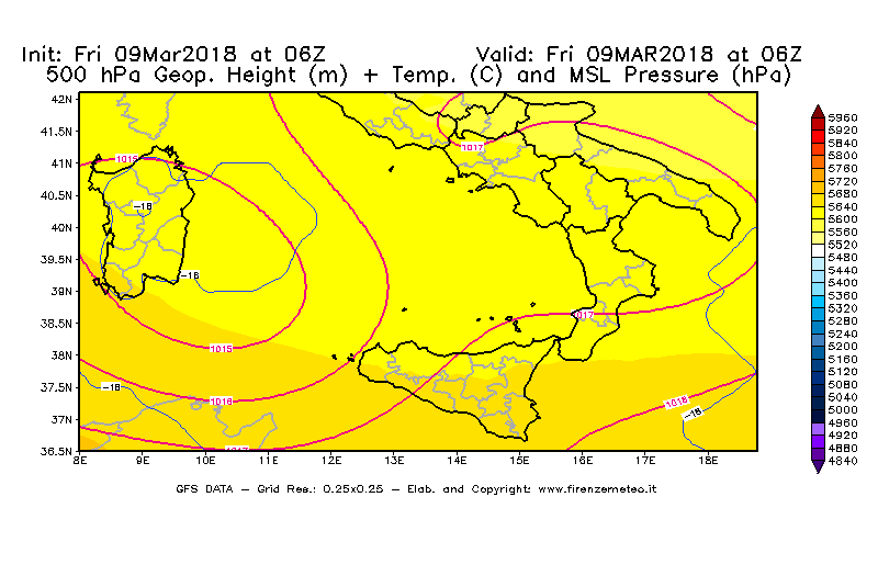 Mappa di analisi GFS - Geopotenziale [m] + Temp. [°C] a 500 hPa + Press. a livello del mare [hPa] in Sud-Italia
							del 09/03/2018 06 <!--googleoff: index-->UTC<!--googleon: index-->