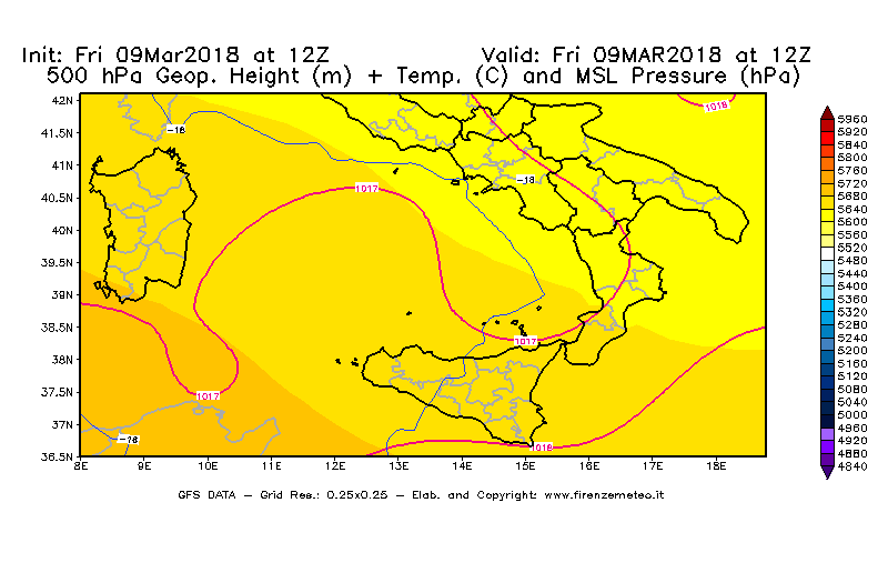 Mappa di analisi GFS - Geopotenziale [m] + Temp. [°C] a 500 hPa + Press. a livello del mare [hPa] in Sud-Italia
									del 09/03/2018 12 <!--googleoff: index-->UTC<!--googleon: index-->