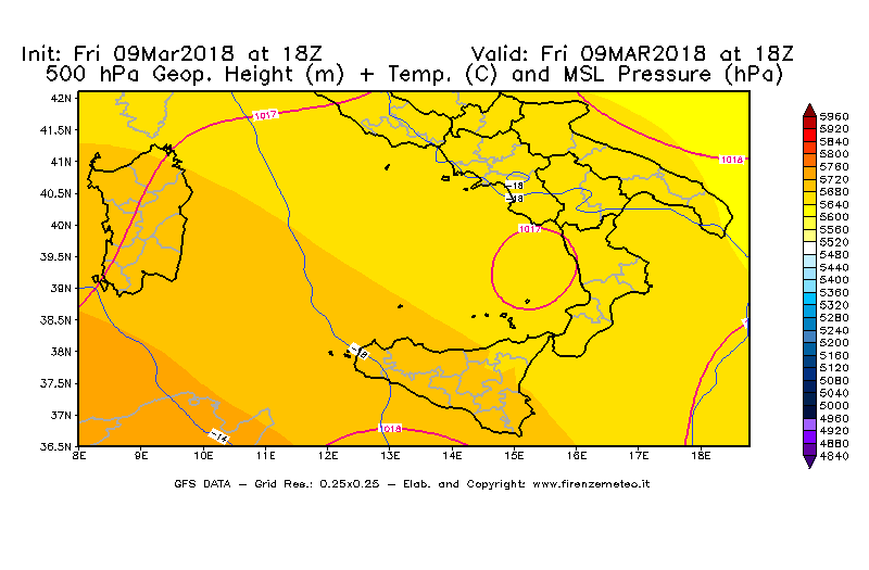 Mappa di analisi GFS - Geopotenziale [m] + Temp. [°C] a 500 hPa + Press. a livello del mare [hPa] in Sud-Italia
									del 09/03/2018 18 <!--googleoff: index-->UTC<!--googleon: index-->