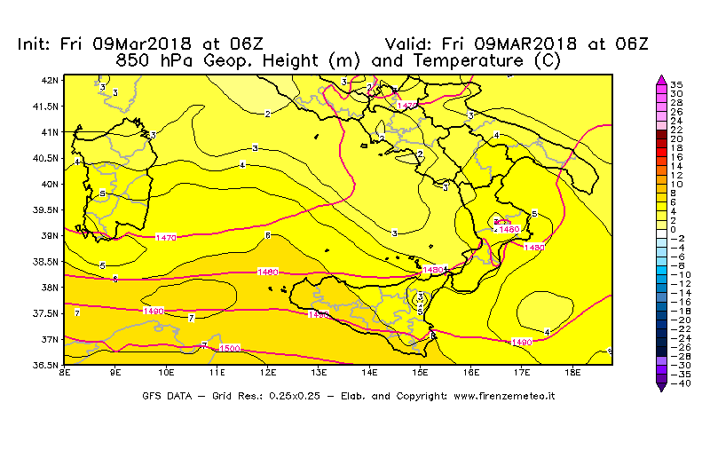 Mappa di analisi GFS - Geopotenziale [m] e Temperatura [°C] a 850 hPa in Sud-Italia
									del 09/03/2018 06 <!--googleoff: index-->UTC<!--googleon: index-->